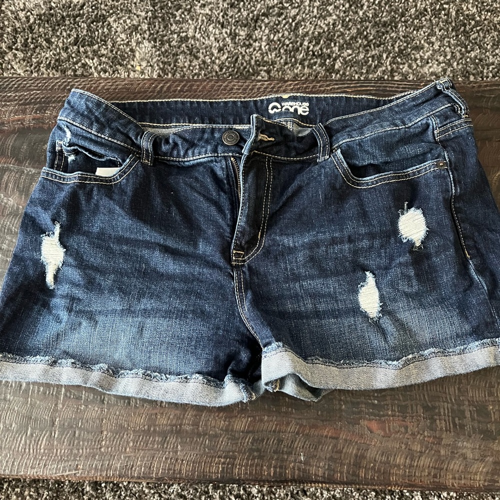 Warehouse One dark wash distresses denim shorts